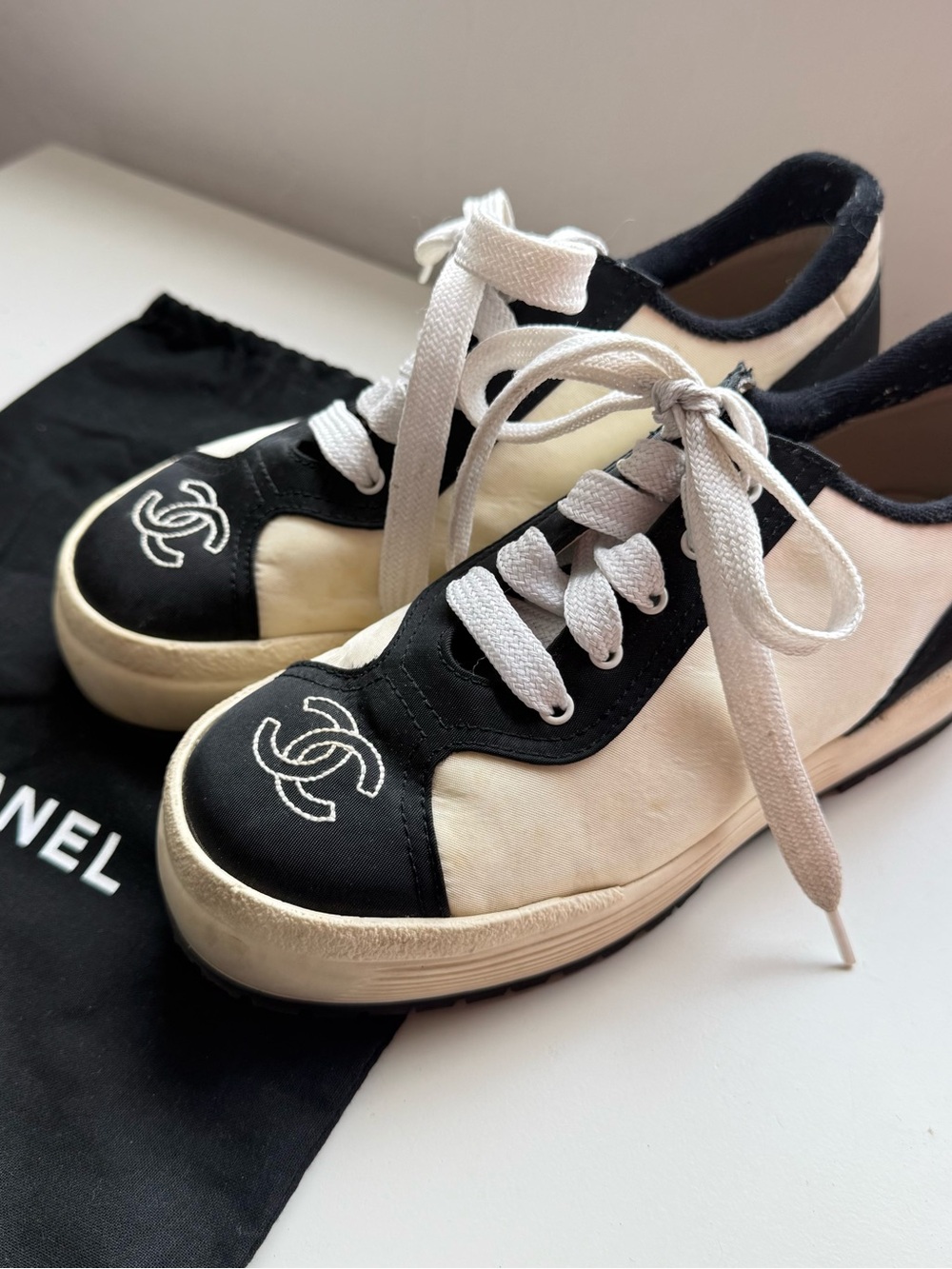 CHANEL Black & White CC Logo Sneakers